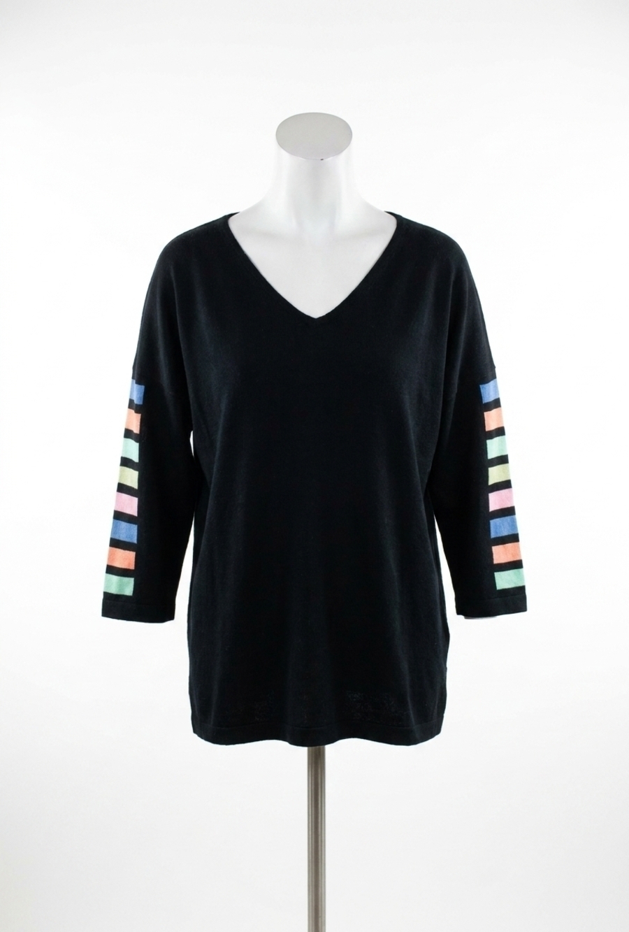 NEW ANGEL 3/4 sleeve stripe v neck top in black combo